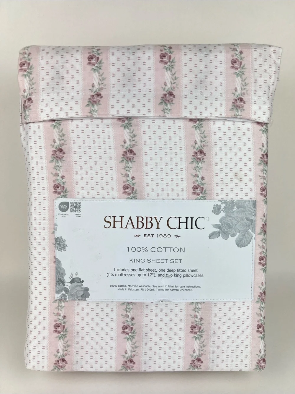 Shabby Chic Pink Floral King Sheet Set Soft 100% Cotton 4 Pc Set NEW